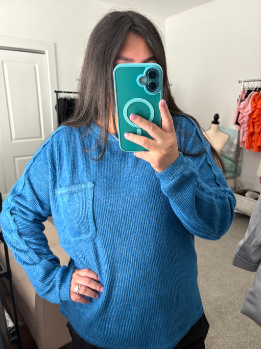 Ribbed Pocket Sweater - Blue