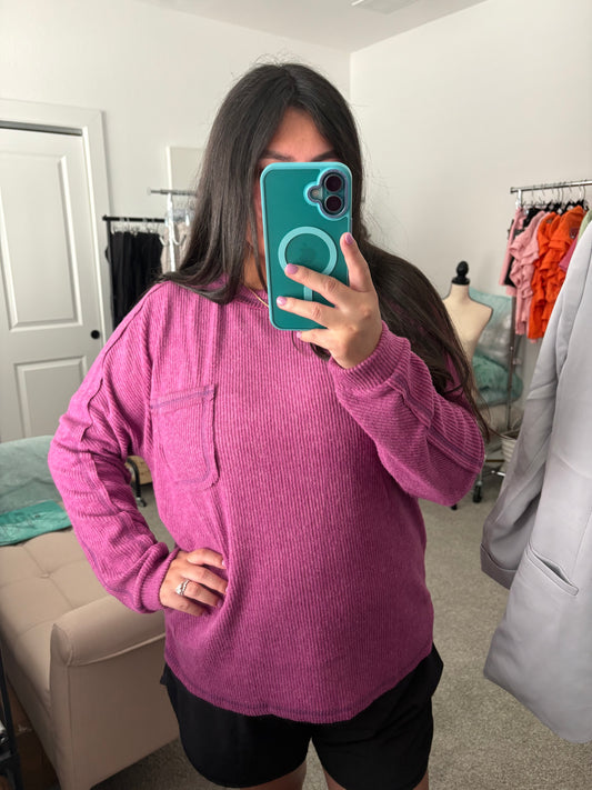Ribbed Pocket Sweater - Pink