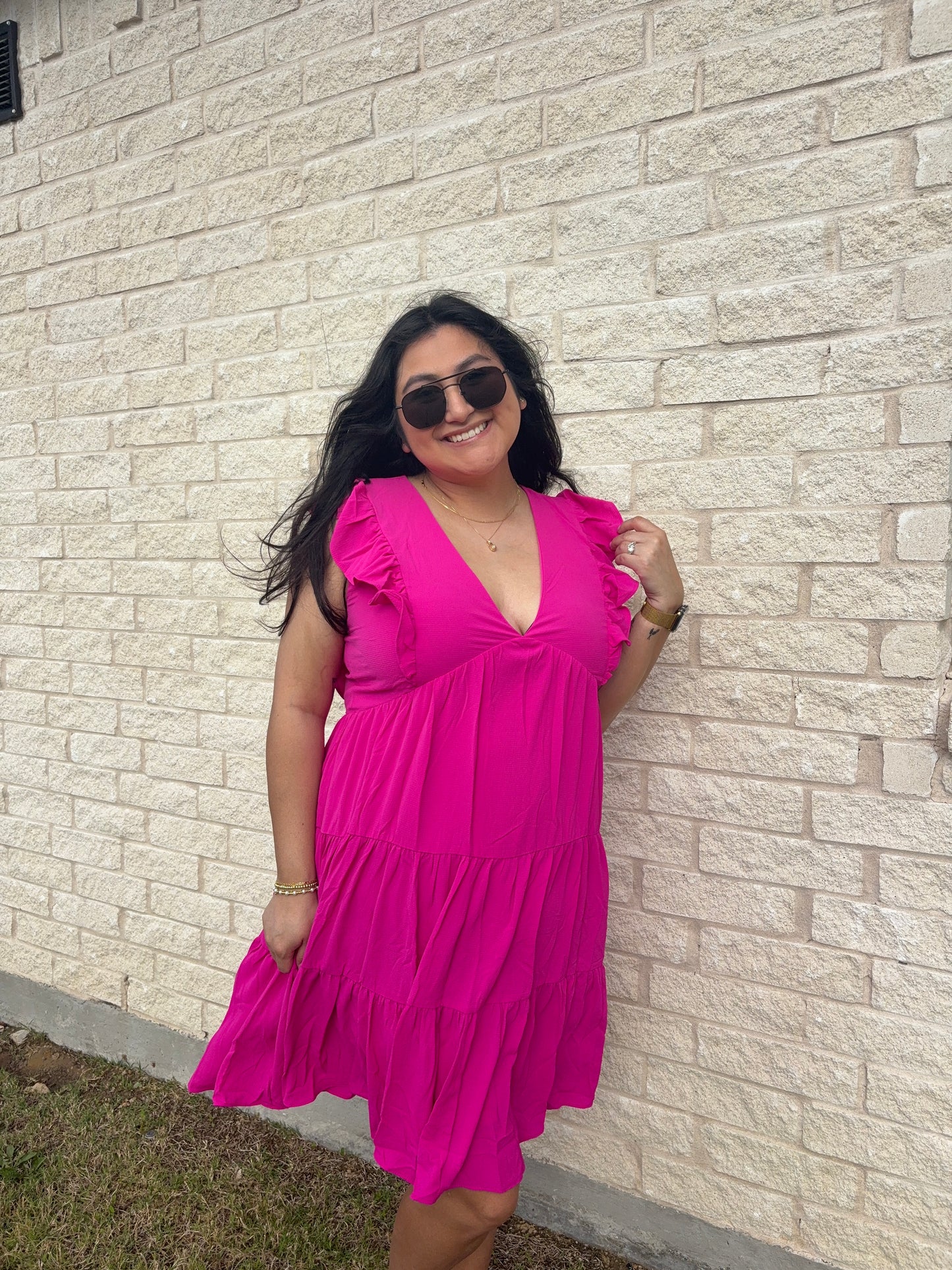 neon pink dress plus size hot pink cocktail dress Plus Size Hot Pink Semi Formal O Neck Puff Sleeve A-Line Midi Dress